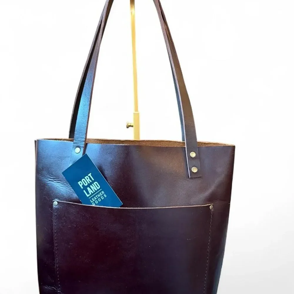 Portland Leather Goods Dark Brown Leather Tote Shoulder Bag Front Pocket